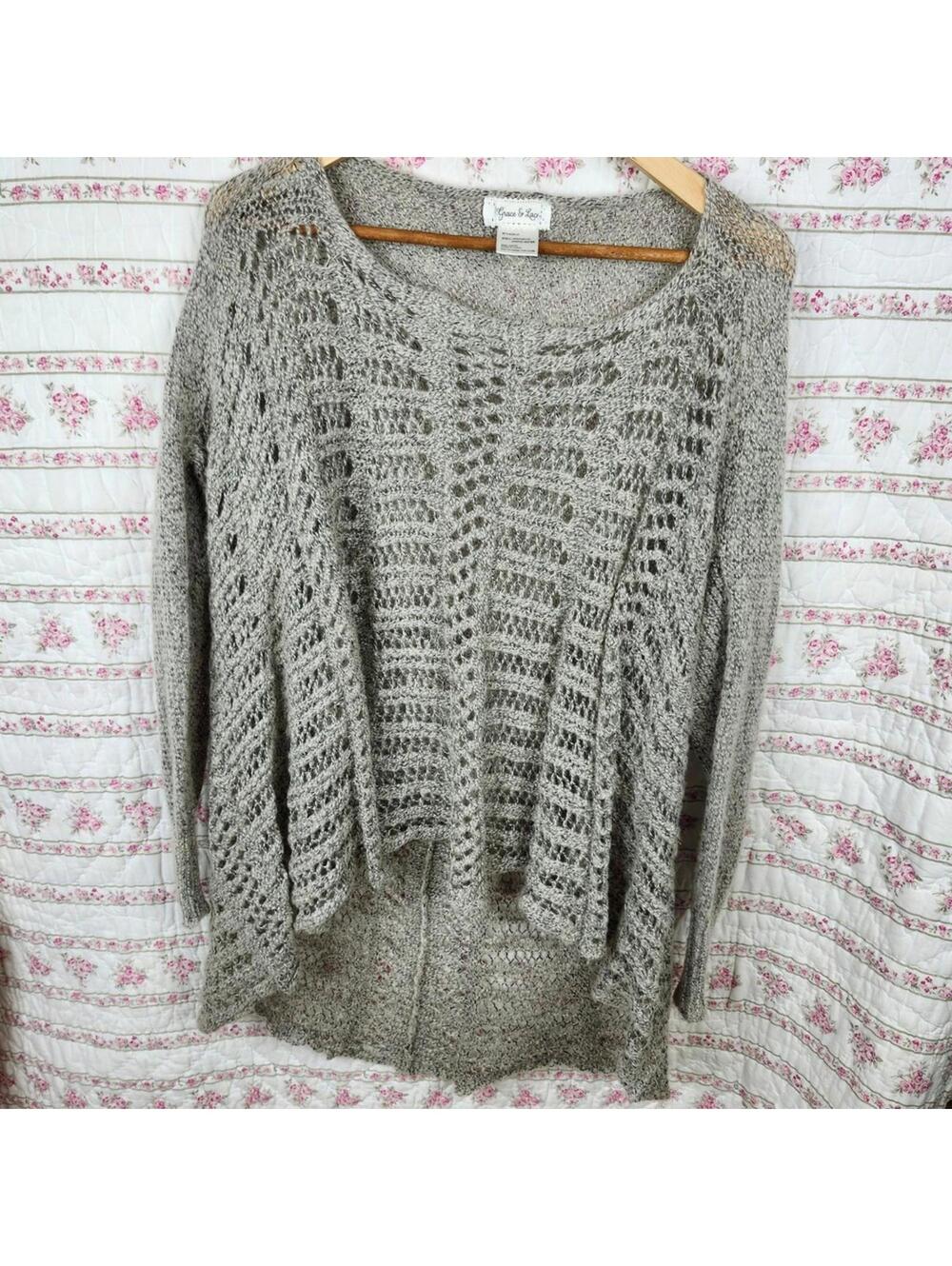 Grace & Lace Knit Sweater Open Weave Long Sleeve Hi-Low Gray Womens One Size